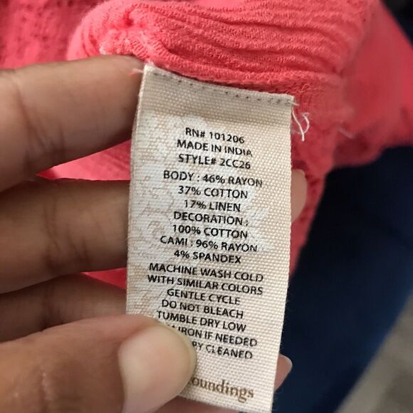 Soft Surroundings Coral Pink Cotton Linen Crochet Boho Long Sleeve Top Tunic - L - Picture 8 of 9